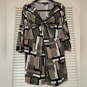 Ellos - (Plus-Size) Geometric Pattern Twisted Front Knot Tunic Top